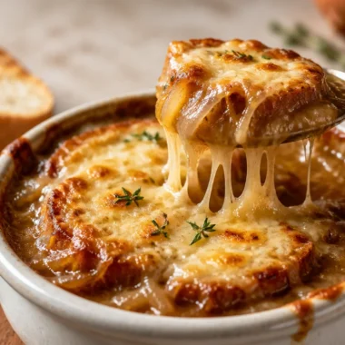 Delicious Soupe à l'Oignon Gratinée topped with melted cheese and crispy bread