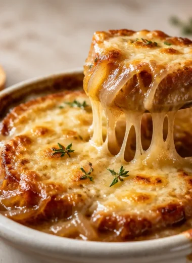 Delicious Soupe à l'Oignon Gratinée topped with melted cheese and crispy bread
