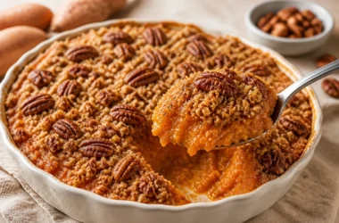 Sweet potato casserole with golden pecan streusel topping in a baking dish.