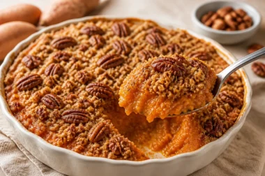 Sweet potato casserole with golden pecan streusel topping in a baking dish.