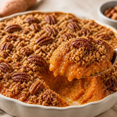 Sweet potato casserole with golden pecan streusel topping in a baking dish.