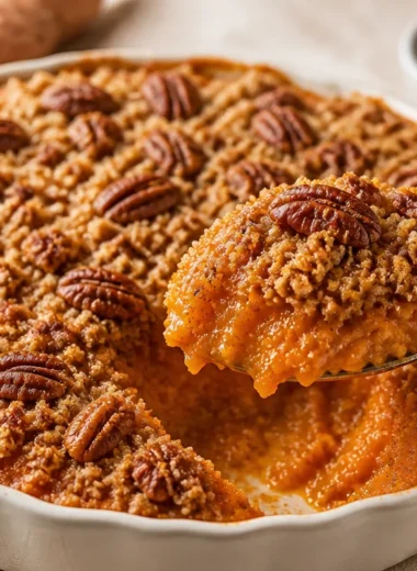 Sweet potato casserole with golden pecan streusel topping in a baking dish.