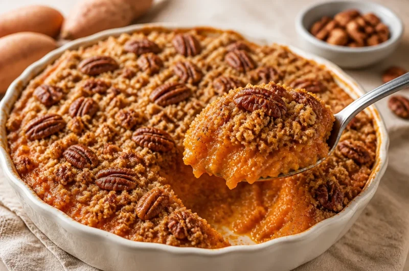 Sweet potato casserole with golden pecan streusel topping in a baking dish.