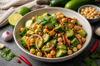 Delicious Thai Cucumber Salad topped with crunchy peanuts and fresh veggies