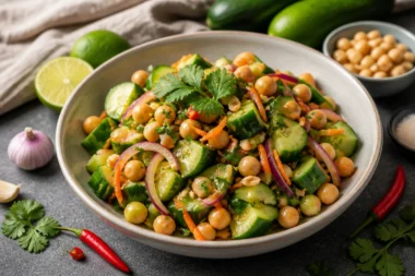 Delicious Thai Cucumber Salad topped with crunchy peanuts and fresh veggies