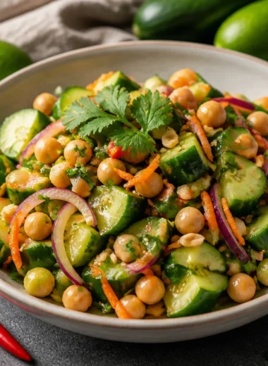 Delicious Thai Cucumber Salad topped with crunchy peanuts and fresh veggies