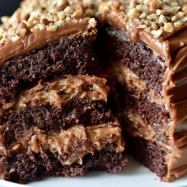 The Best German Chocolate Cake Recipe 35 Slice of homemade German chocolate cake topped with frosting and pecans
