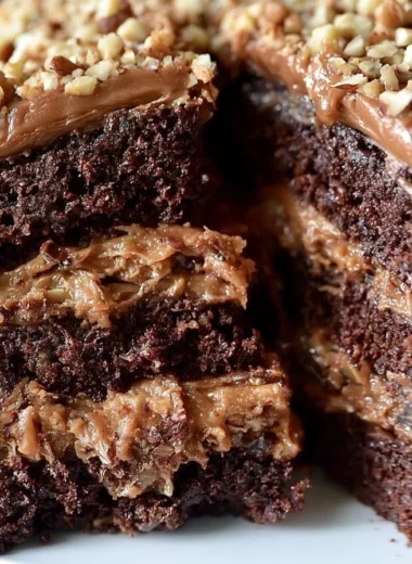 Slice of homemade German chocolate cake topped with frosting and pecans