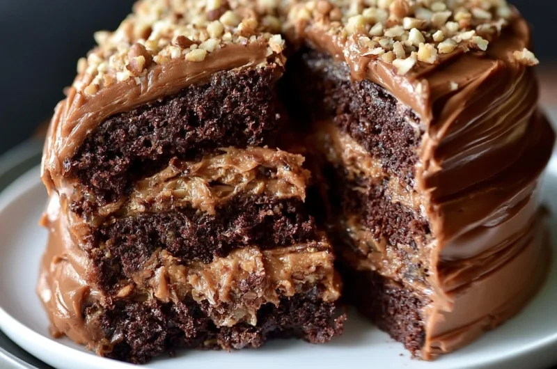 Slice of homemade German chocolate cake topped with frosting and pecans