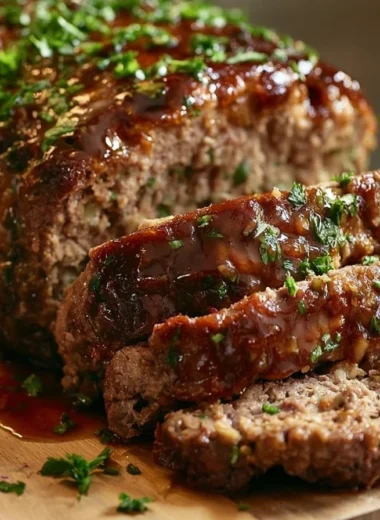 Delicious traditional German Meatloaf (Hackbraten) ready to serve.