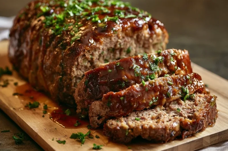 Delicious traditional German Meatloaf (Hackbraten) ready to serve.