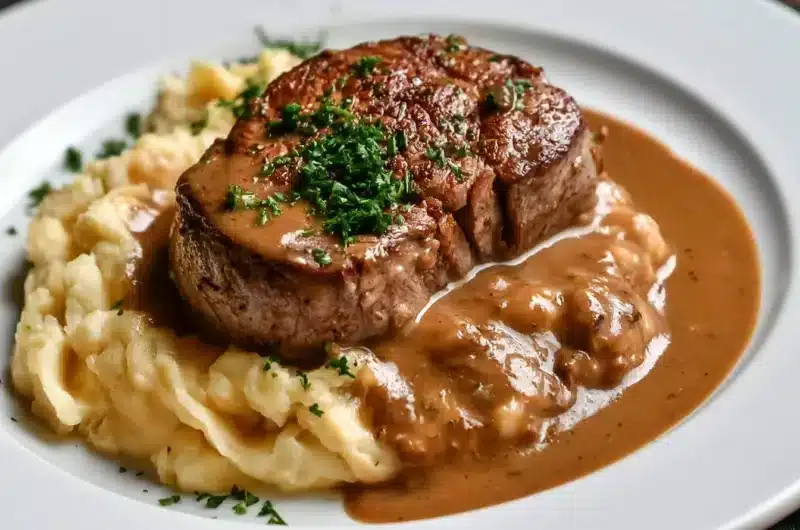 Delicious traditional Rahmschnitzel served with creamy sauce and garnish