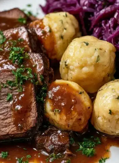 Traditional Sauerbraten dish served with gravy and side vegetables