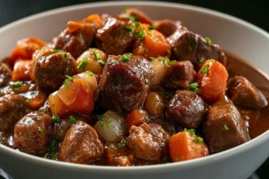 A hearty bowl of Wildschweingulasch served with fresh herbs.