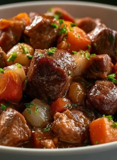 A hearty bowl of Wildschweingulasch served with fresh herbs.