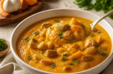 Bowl of Zuppa di Zucca e Castagne garnished with herbs, showcasing rich pumpkin and chestnut flavors.