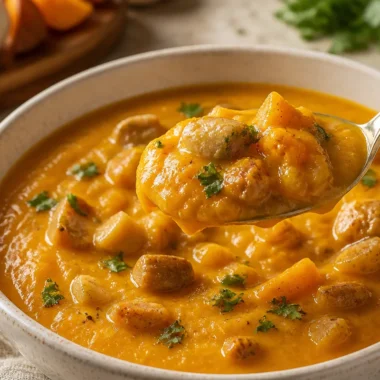 Bowl of Zuppa di Zucca e Castagne garnished with herbs, showcasing rich pumpkin and chestnut flavors.