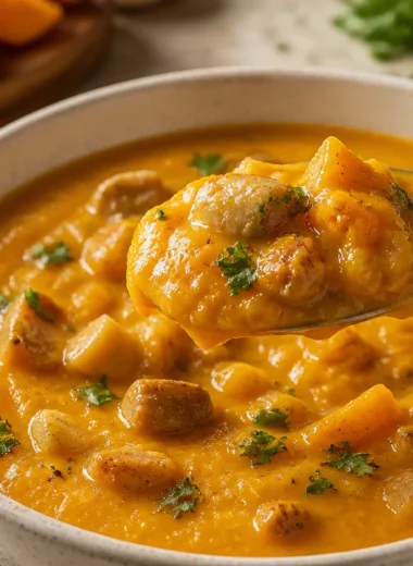 Bowl of Zuppa di Zucca e Castagne garnished with herbs, showcasing rich pumpkin and chestnut flavors.
