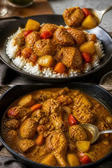 Authentisches Jamaikanisches Curryhähnchen serviert mit Reis und Gemüse