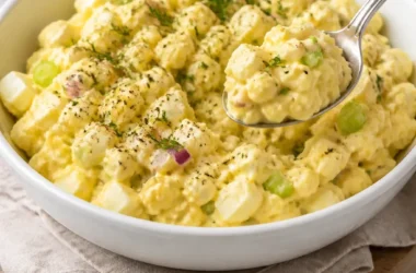 Eine Schüssel mit cremigem Eiersalat, serviert mit frischem Brot.