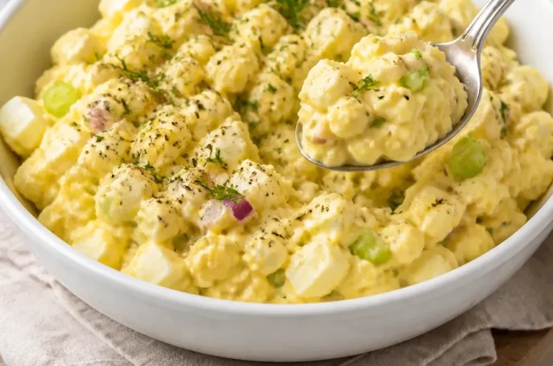Eine Schüssel mit cremigem Eiersalat, serviert mit frischem Brot.