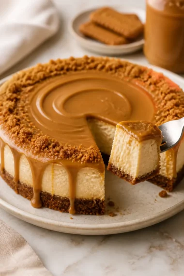Biscoff Käsekuchen mit Karamell und Biscoff-Keksen dekoriert