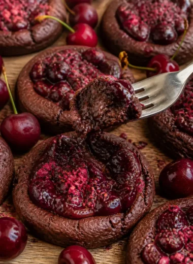 Schokoladen-Kirschkekse frisch gebacken auf einem Tablett