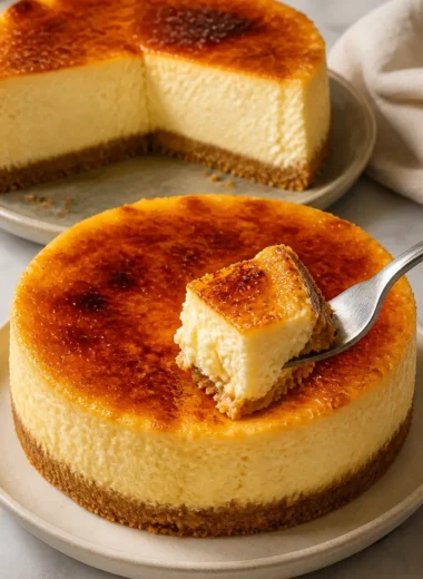 Ein köstlicher Crème Brûlée Cheesecake mit karamellisierter Oberfläche