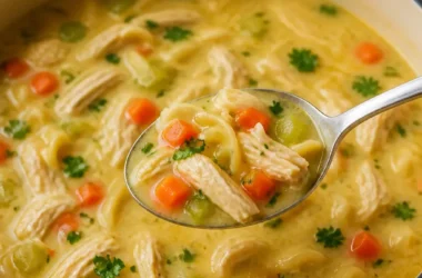 Cremige Hühnernudelsuppe mit frischen Zutaten in einer Schüssel serviert.
