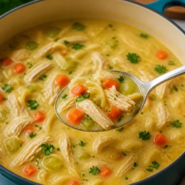 Cremige Hühnernudelsuppe mit frischen Zutaten in einer Schüssel serviert.