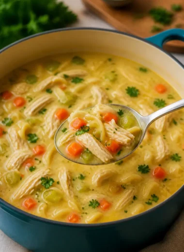 Cremige Hühnernudelsuppe mit frischen Zutaten in einer Schüssel serviert.