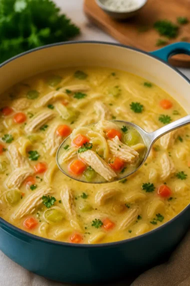 Cremige Hühnernudelsuppe mit frischen Zutaten in einer Schüssel serviert.