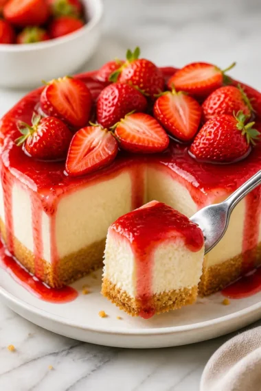Leckerer Erdbeer-Käsekuchen auf einem Teller, dekoriert mit frischen Erdbeeren.