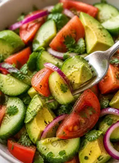 Gurken-Tomaten-Avocado-Salat in einer bunten Schüssel