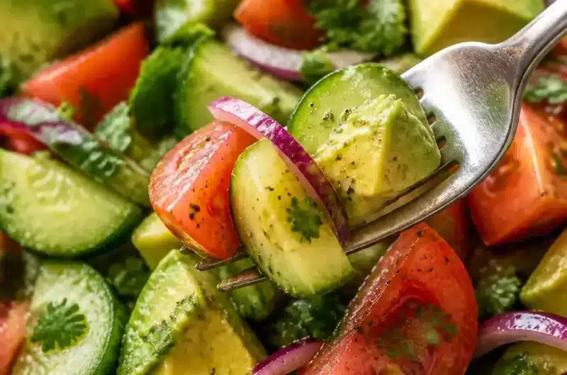 Gurken-Tomaten-Avocado-Salat in einer bunten Schüssel