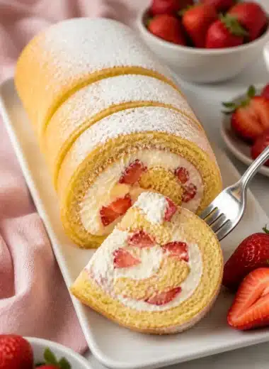 Himmlische Erdbeer-Japanische Kuchenrolle mit frischen Erdbeeren und Sahne
