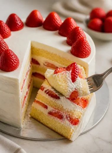 Japanischer Erdbeersponge-Kuchen – leicht und fruchtig mit frischen Erdbeeren.