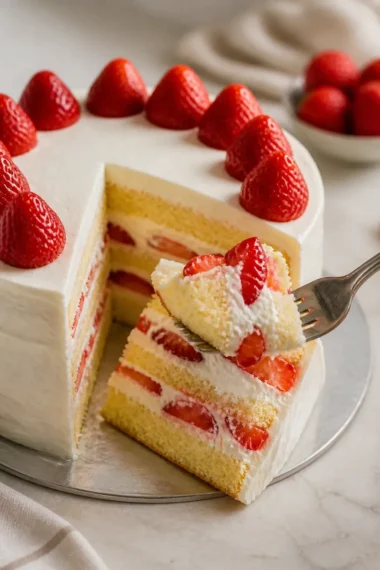 Japanischer Erdbeersponge-Kuchen – leicht und fruchtig mit frischen Erdbeeren.