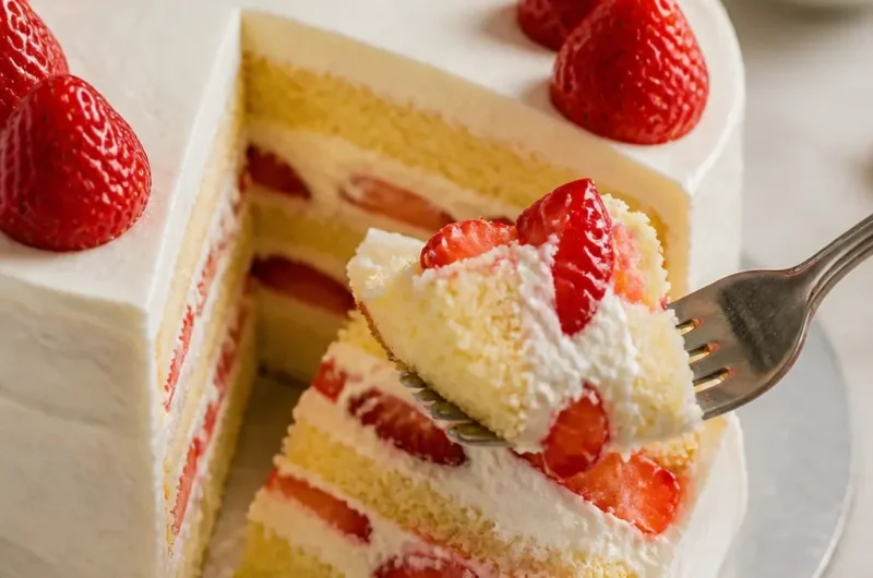 Japanischer Erdbeersponge-Kuchen – leicht und fruchtig mit frischen Erdbeeren.