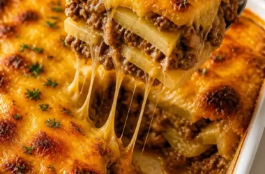 Leckerer Käse-Hamburger-Auflauf mit Kartoffeln und geschmolzenem Käse.