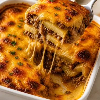 Leckerer Käse-Hamburger-Auflauf mit Kartoffeln und geschmolzenem Käse.