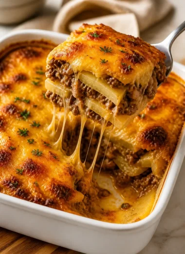 Leckerer Käse-Hamburger-Auflauf mit Kartoffeln und geschmolzenem Käse.