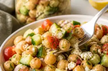 Kichererbsen-Gurken-Salat mit frischen Zutaten und bunten Farben.