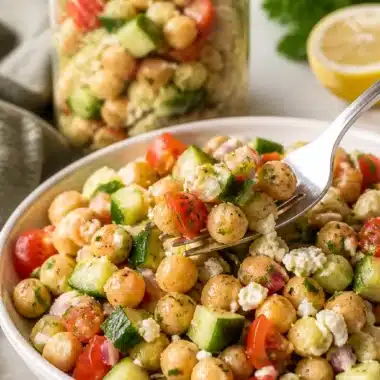 Kichererbsen-Gurken-Salat mit frischen Zutaten und bunten Farben.