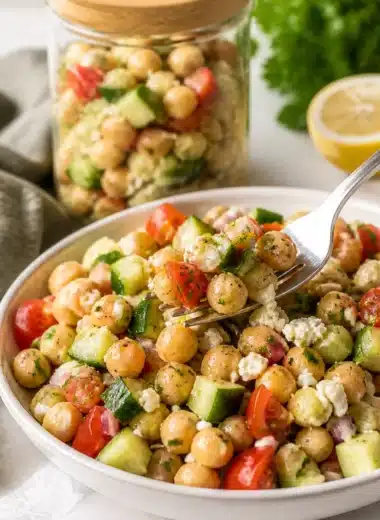 Kichererbsen-Gurken-Salat mit frischen Zutaten und bunten Farben.