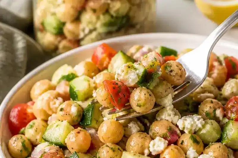 Kichererbsen-Gurken-Salat mit frischen Zutaten und bunten Farben.