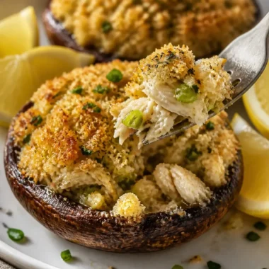 Krabben gefüllte Portobello-Pilze mit Lumpenkrabbenfleisch auf einem Teller