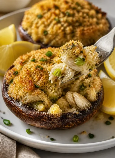Krabben gefüllte Portobello-Pilze mit Lumpenkrabbenfleisch auf einem Teller