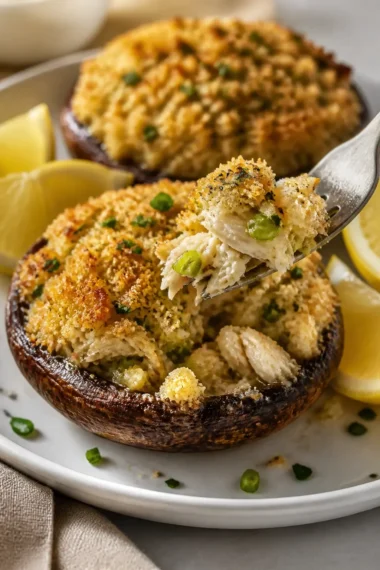 Krabben gefüllte Portobello-Pilze mit Lumpenkrabbenfleisch auf einem Teller