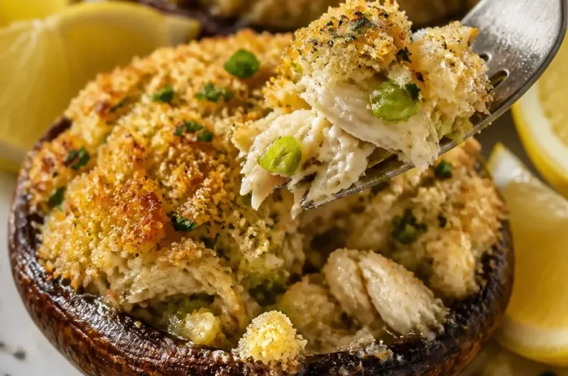 Krabben gefüllte Portobello-Pilze mit Lumpenkrabbenfleisch auf einem Teller